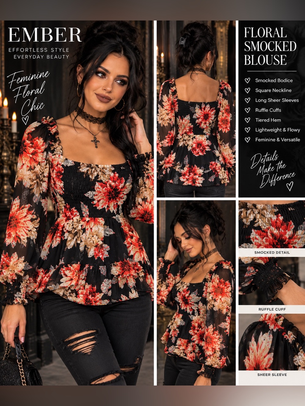 EMBER Floral Smocked Blouse – Size Medium Boho Romantic Feminine Date Night